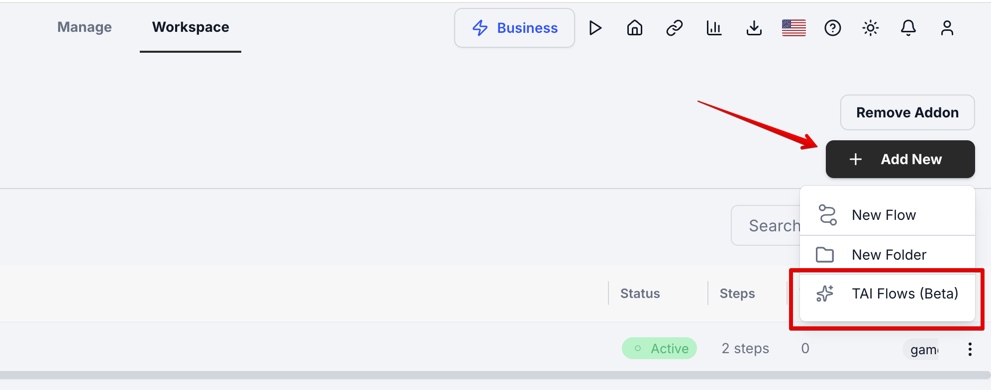 Selecting TAI Flows when creating a new Flow