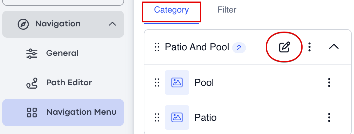 Menu items grouped under custom categories